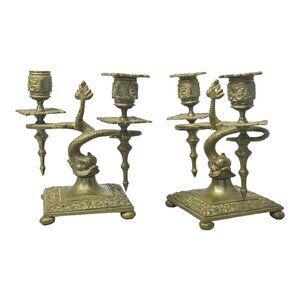 Pair of Antique Brass Asian Dragon/ Koi Fish Double Candle Holders 7" H x 8" W